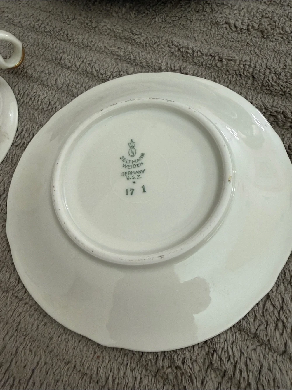 Vintage Seltmann Weiden Germany U.S. Zone Tea Cup Saucer Dessert Plate Trio Gold